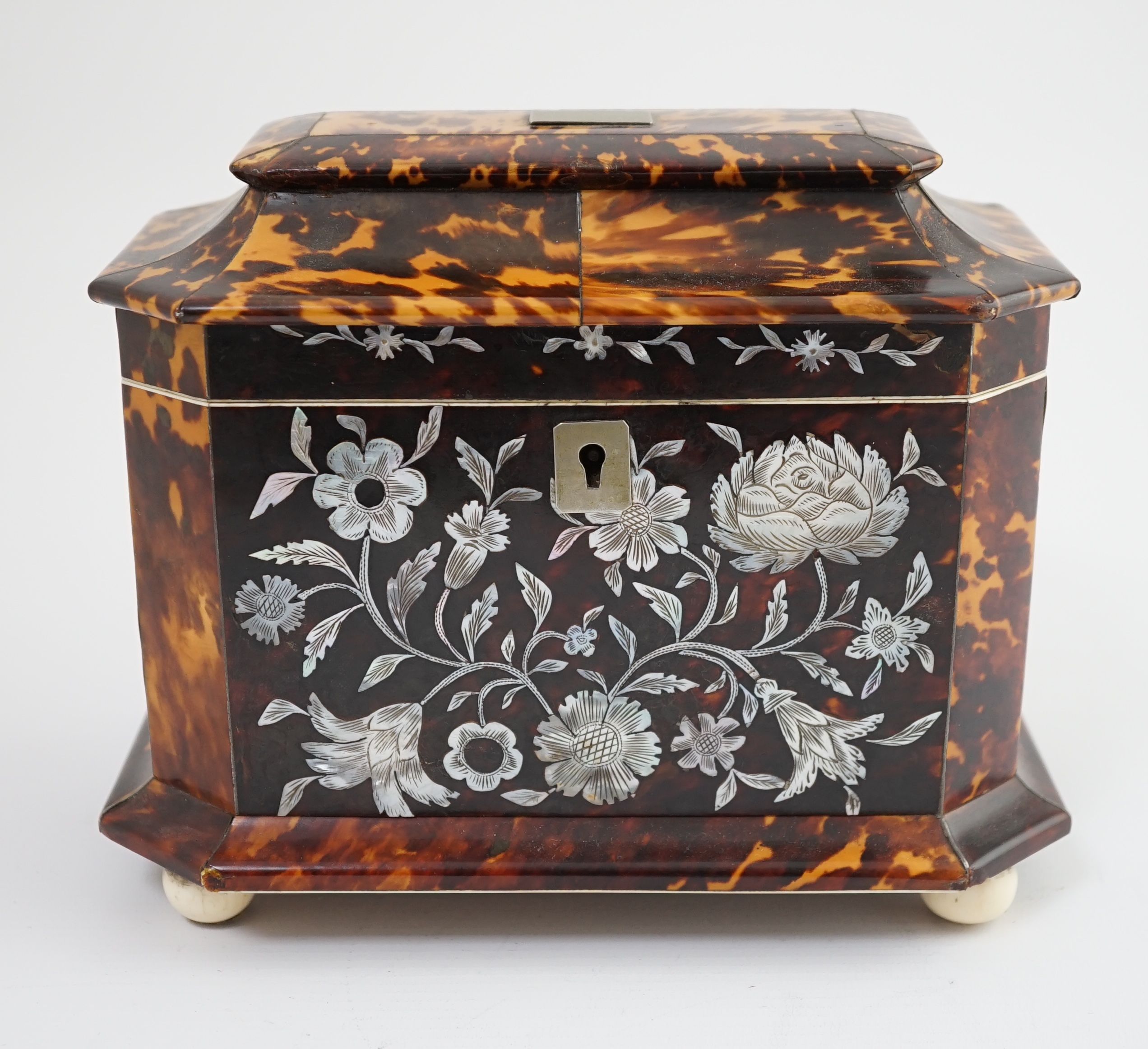 A Regency blond tortoiseshell and mother of pearl tea caddy